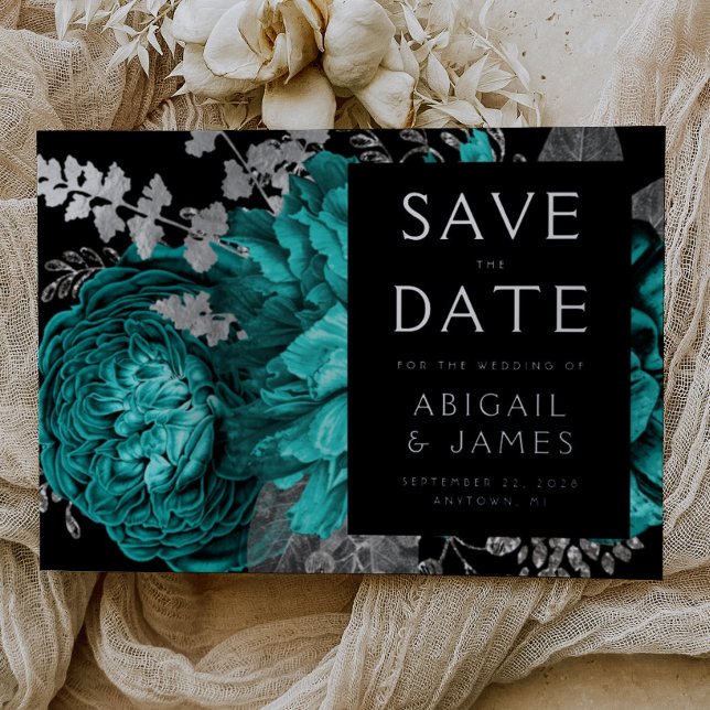 Dark Floral Teal Blue Silver Wedding Save the Date (Creator Uploaded)