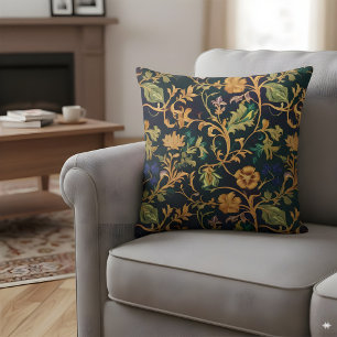 Dark Floral Throw Pillow Navy Gold Botanical