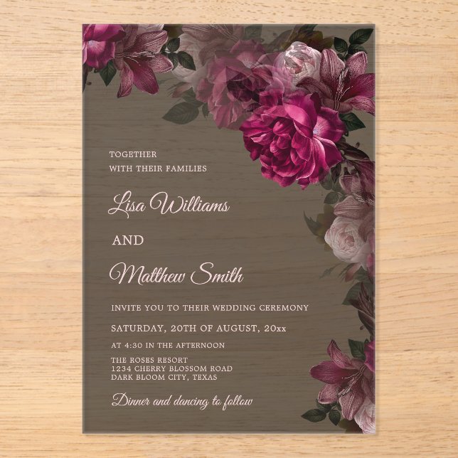 Dark Floral Transparent Wedding Acrylic Invitation (Front)