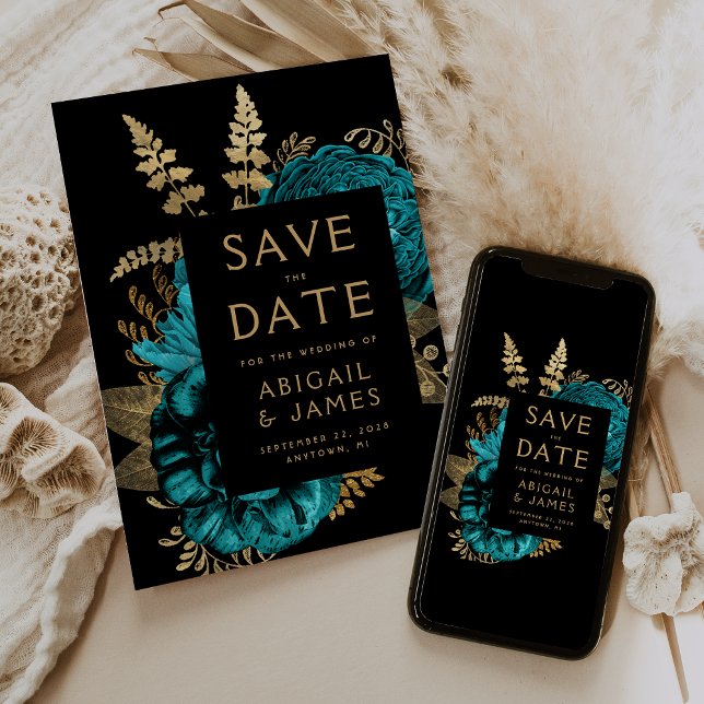 Dark Floral Turquoise Gold Wedding Save the Date Invitation (Creator Uploaded)