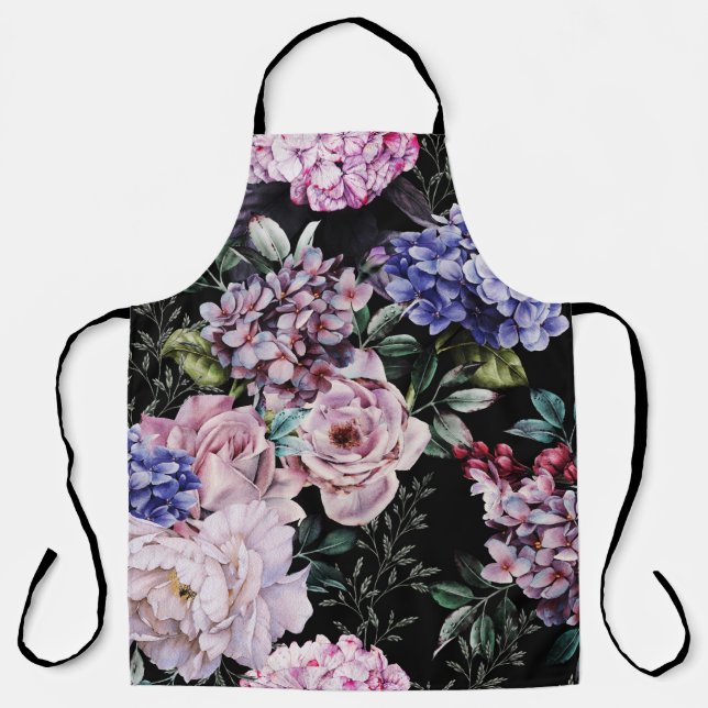 Dark Floral Watercolor Seamless Design Apron (Front)