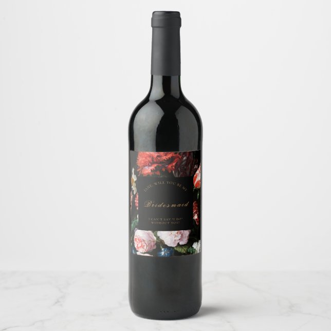 Dark Floral Wedding Bridesmaid Wine Label (Front)