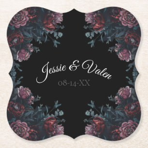 Dark Floral Wedding Gothic Black Elegant Paper Coaster