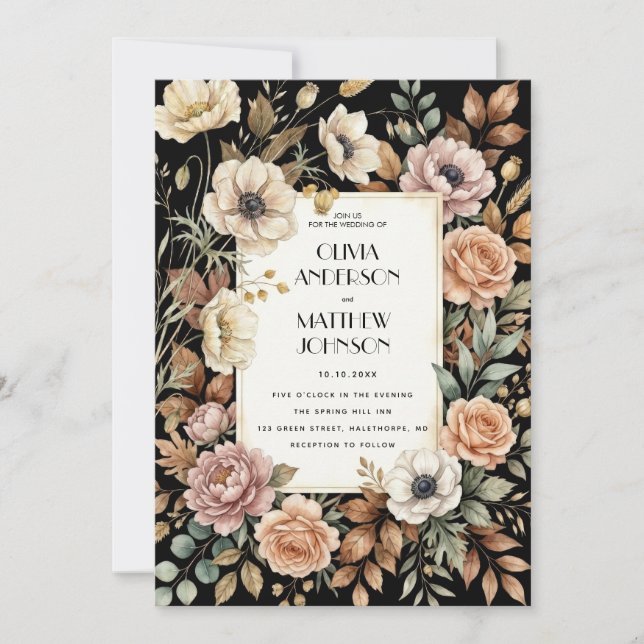 Dark Floral Wedding Invitation Template (Front)