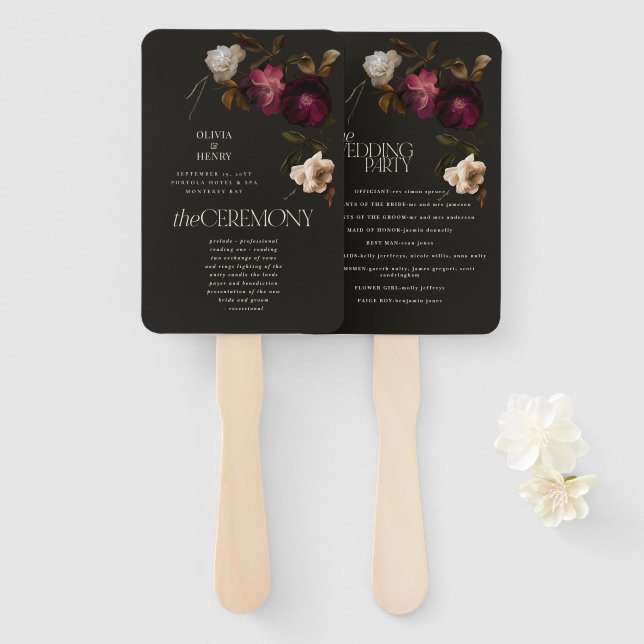 Dark Floral Wedding Program Elegant Burgundy Hand Fan (Front and Back)