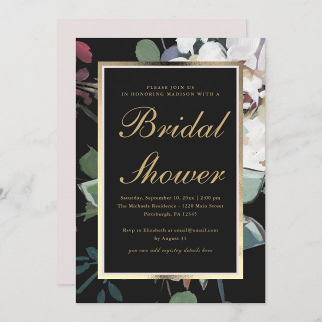 Dark Floral with Faux Gold Frame Bridal Shower Invitation (Front/Back)