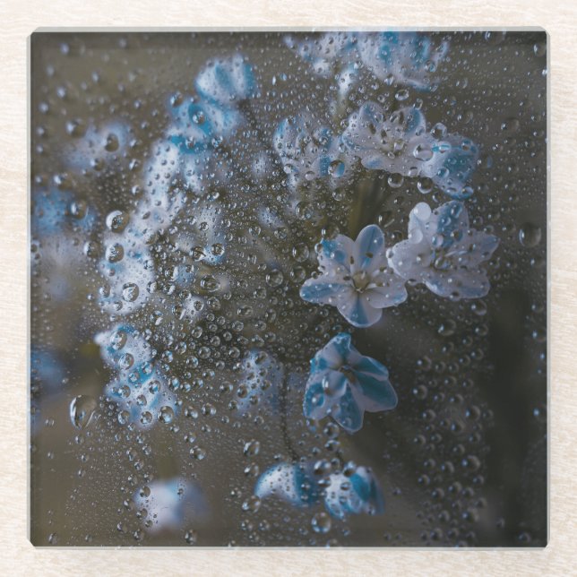 Dark florals and rain drops, moody aesthetic glass coaster (Front)