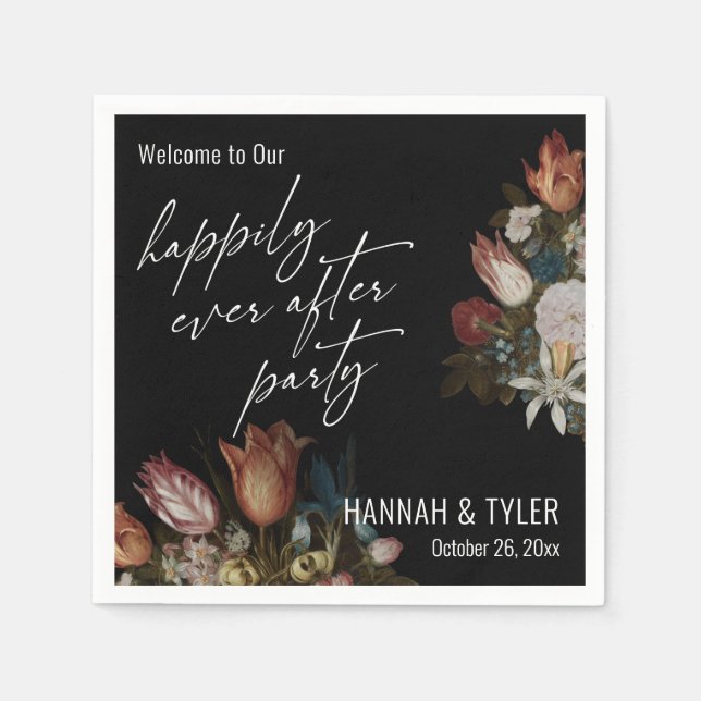 Dark Florals Happily Ever After Party Welcome Napkin (Front)