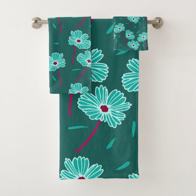 Dark Florals Teal Bath Towel Set (Insitu)