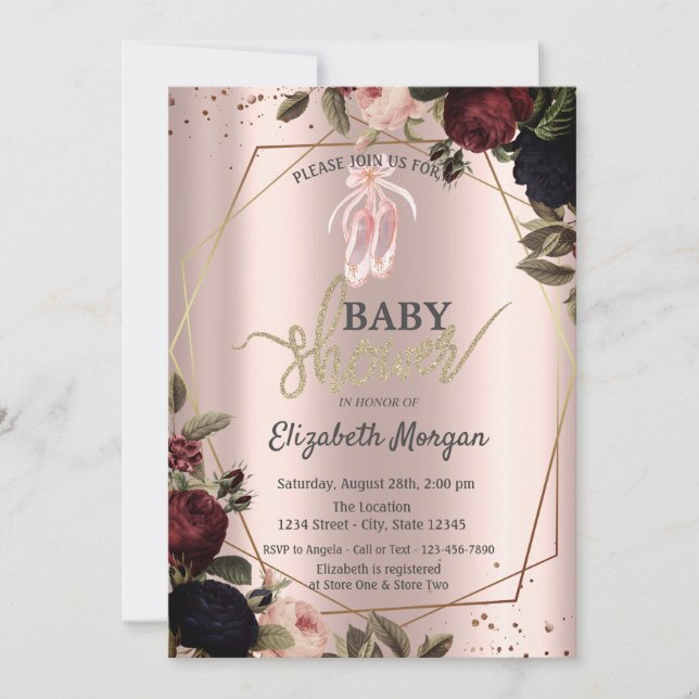 Dark Flowers Ballet Shoes Rose Gold Baby Shower Invitation (Front)