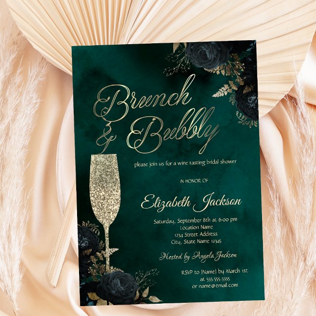 Dark Flowers Champagne Glass Green Invitation (Creator Uploaded)