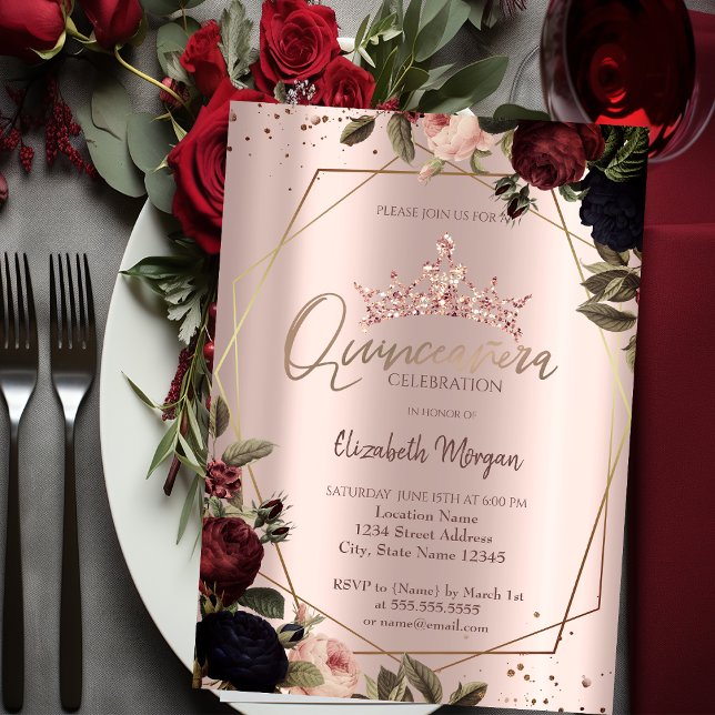 Dark Flowers Crown Rose Gold Quinceañera   Invitation (Creator Uploaded)