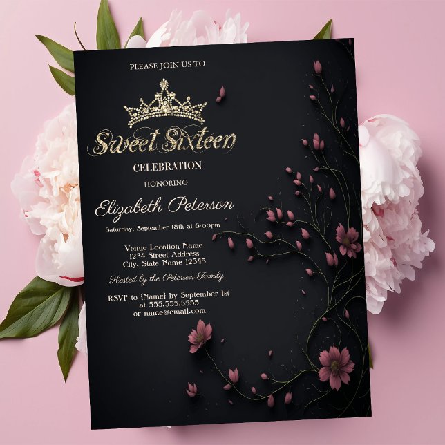 Dark Flowers Dark Gothic Sweet 16 Invitation (Creator Uploaded)