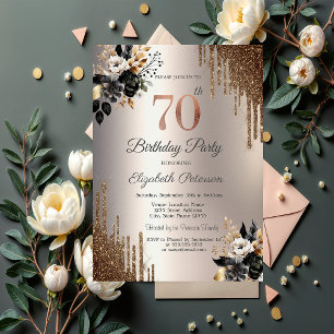 Dark Flowers Glitter Drips Ivory 70th Birthday Invitation