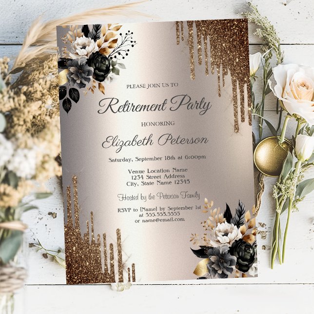 Dark Flowers Glitter Drips Ivory Retirement Party Invitation (Creator Uploaded)