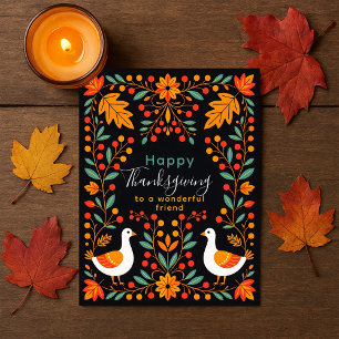 Dark Folk Art Geese Maple Leaves Thanksgiving Postcard