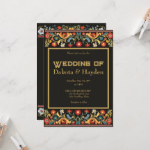 Dark folk art wedding invitation, gold script
