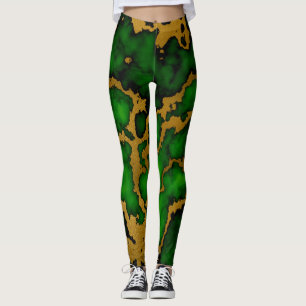Dark Forest Green and Gold Marble Texture Design Leggings