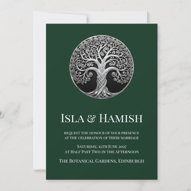 Dark Forest Green Celtic Tree Wedding Invitation (Front)