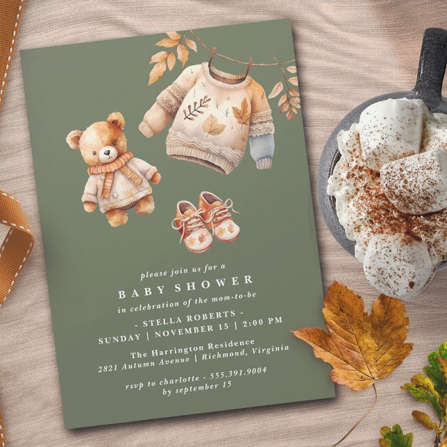 Dark Forest Green Cute Neutral Autumn Baby Shower Invitation (Creator Uploaded)