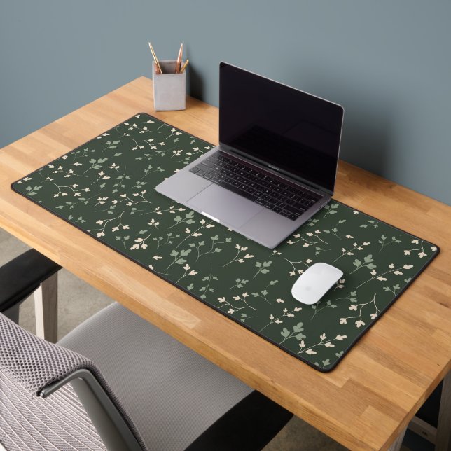 Dark Forest Green Ditsy Botanical Leaf Pattern Desk Mat (Office 2)