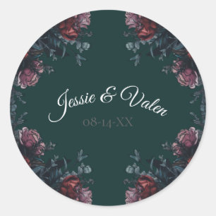Dark Forest Green Elegant Wedding Maroon Mauve Classic Round Sticker