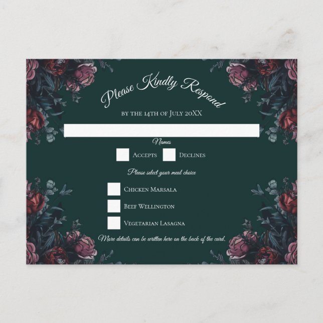 Dark Forest Green Elegant Wedding Maroon Mauve Holiday Postcard (Front)