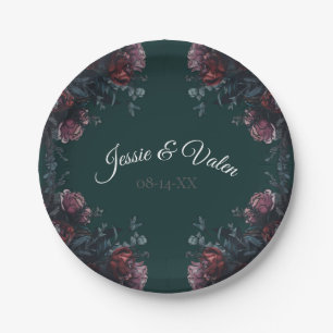 Dark Forest Green Elegant Wedding Maroon Mauve Paper Plate