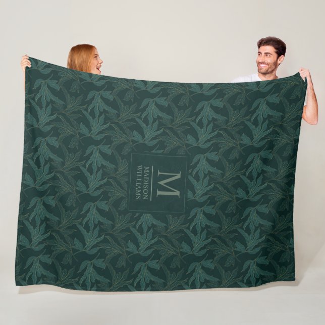 Dark Forest Green Floral Seamless Leaf Pattern  Fleece Blanket (In Situ)