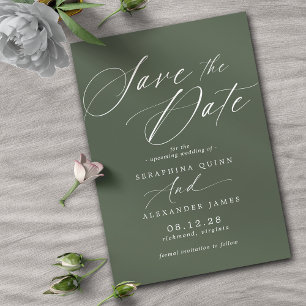 Dark Forest Green Moss   Simple Elegant Script Save The Date