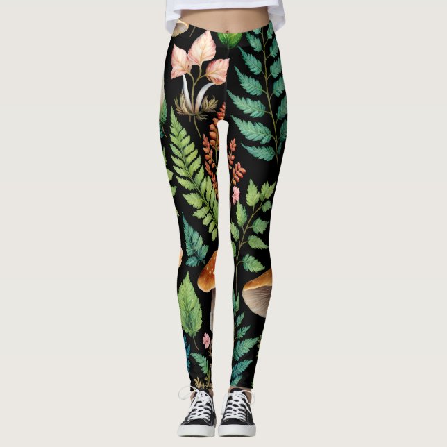 Dark Forest Mushroom Woodland Pattern Art Leggings (Front)