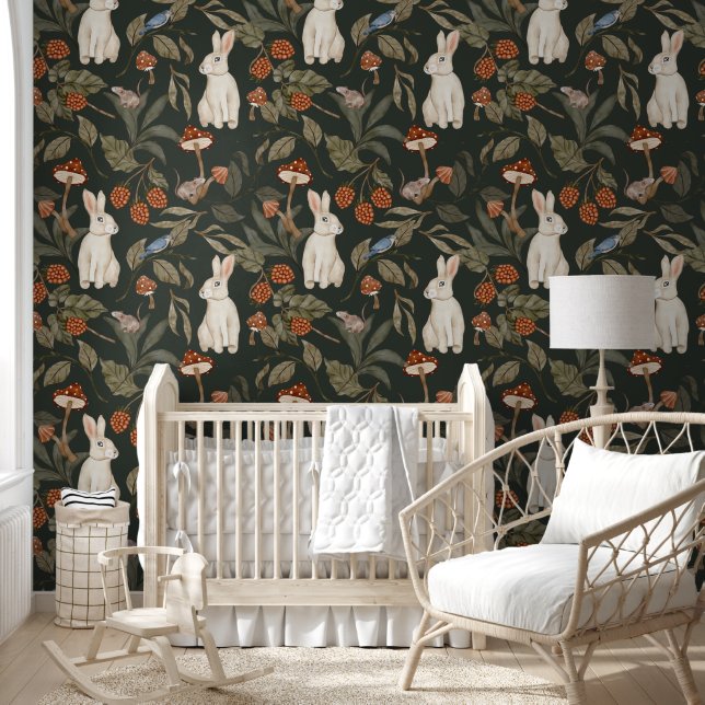  Dark Forest Watercolor Deer & Greenery Wallpaper  (Kids)