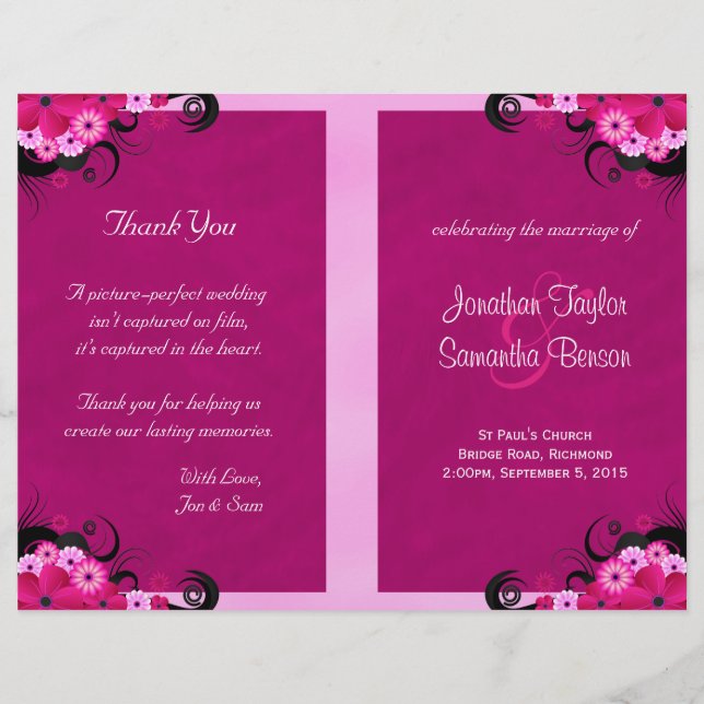 Dark Fuchsia Floral Wedding Program Templates (Front)