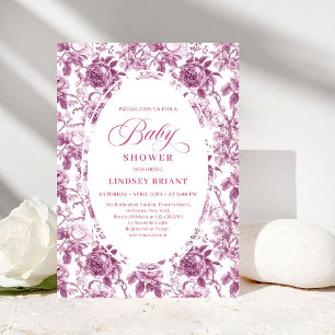 Dark Fuchsia Rose Pattern Toile Baby Shower Invite