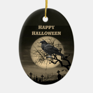 Dark Full Moon Graveyard and Raven Halloween  Ceramic Tree Decoration