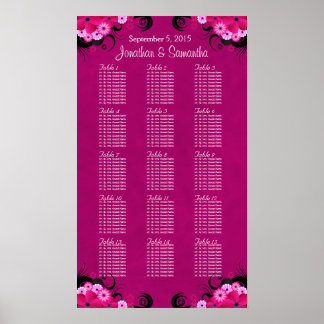 Dark Fuschia Floral 15 Wedding Table Seating Chart