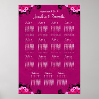 Dark Fuschia Floral Wedding 15 Table Seating Chart