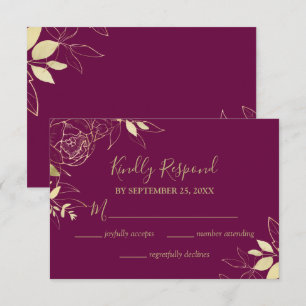 Dark Fushcia & Gold Peony Modern Floral Wedding RSVP Card