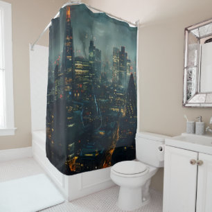 Dark Futuristic Stormy City  Shower Curtain