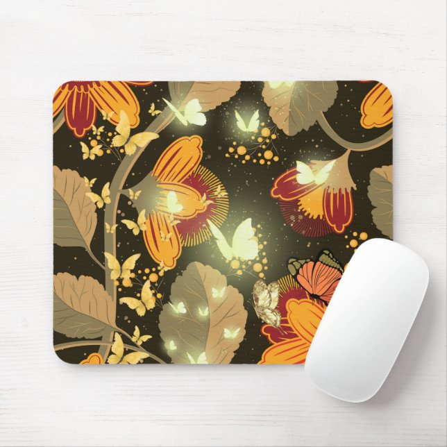 Dark Garden Flowers and Lighten Butterflies Mouse Pad (With Mouse)