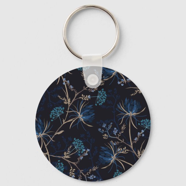 Dark Garden: Monotone Blue Floral Key Ring (Front)