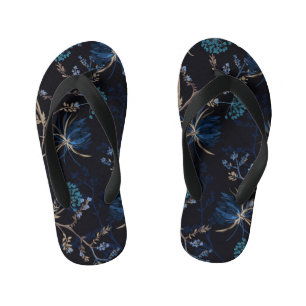 Dark Garden: Monotone Blue Floral Kid's Jandals