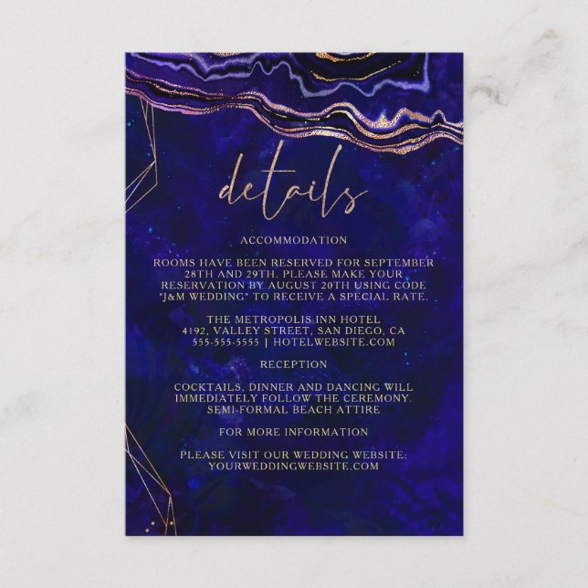 Dark Geode Deep Blue Agate Wedding Details Enclosure Card (Front)