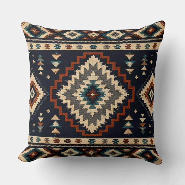 Dark Geometric Textile Pattern – Navy Cream & Burn Cushion (Front)