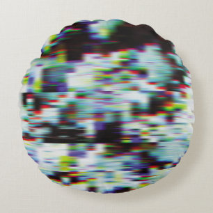 Dark glitch background, illustration. Black, blue, Round Cushion