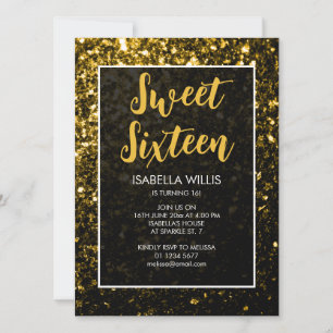 Dark Gold glitter sparkles Sweet 16 elegant script Invitation