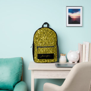 Dark Gold glitters sparkles black Custom name Printed Backpack