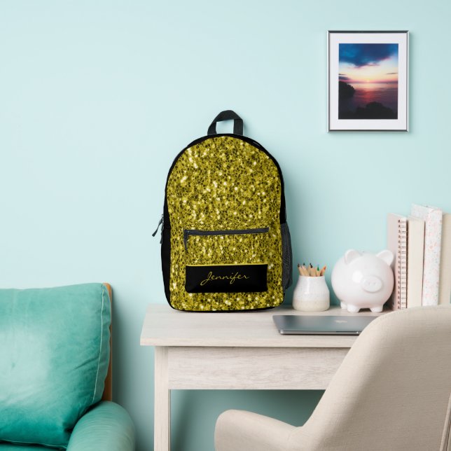 Dark Gold glitters sparkles black Custom name Printed Backpack (Insitu)