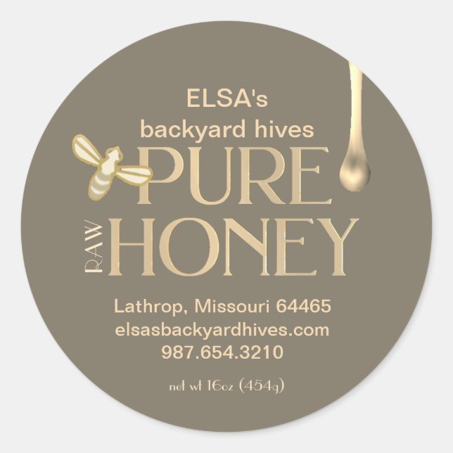 Dark Gold Honey Label pearlized honey drip and bee (Front)