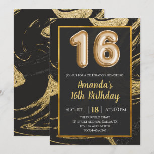 Dark Gold Marble 16th Birthday Invitation
